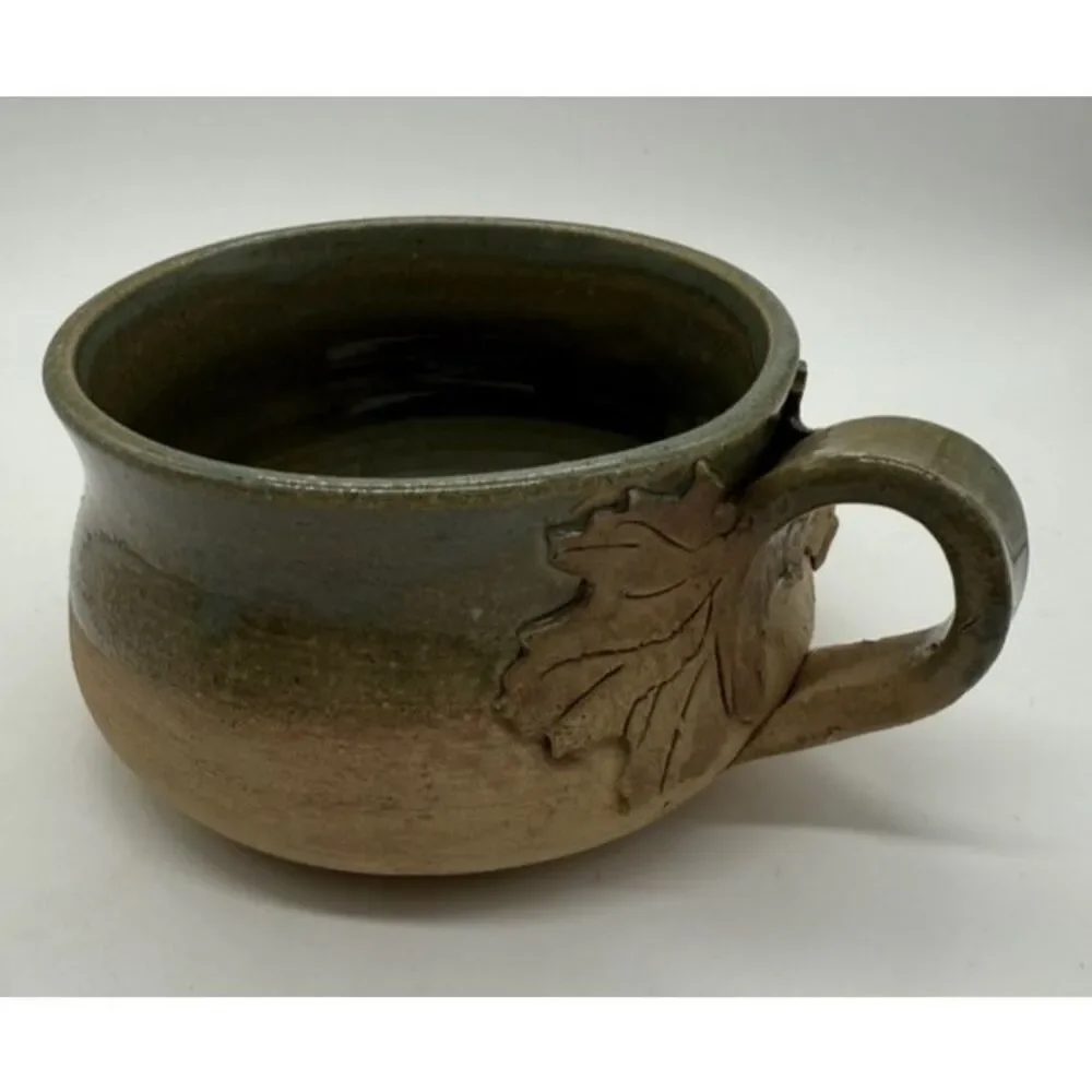 Handmade Studio Pottery Soup Mug Tallan Green Glaze Rustic Flowers Leaves Signed